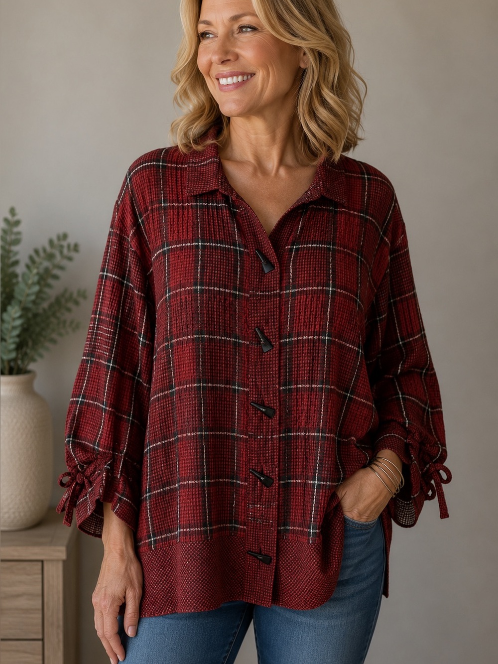 Ali Miles Red Plaid Wire Collar 3/4 Cinched Tie Sleeve Buttoned Top Size Large